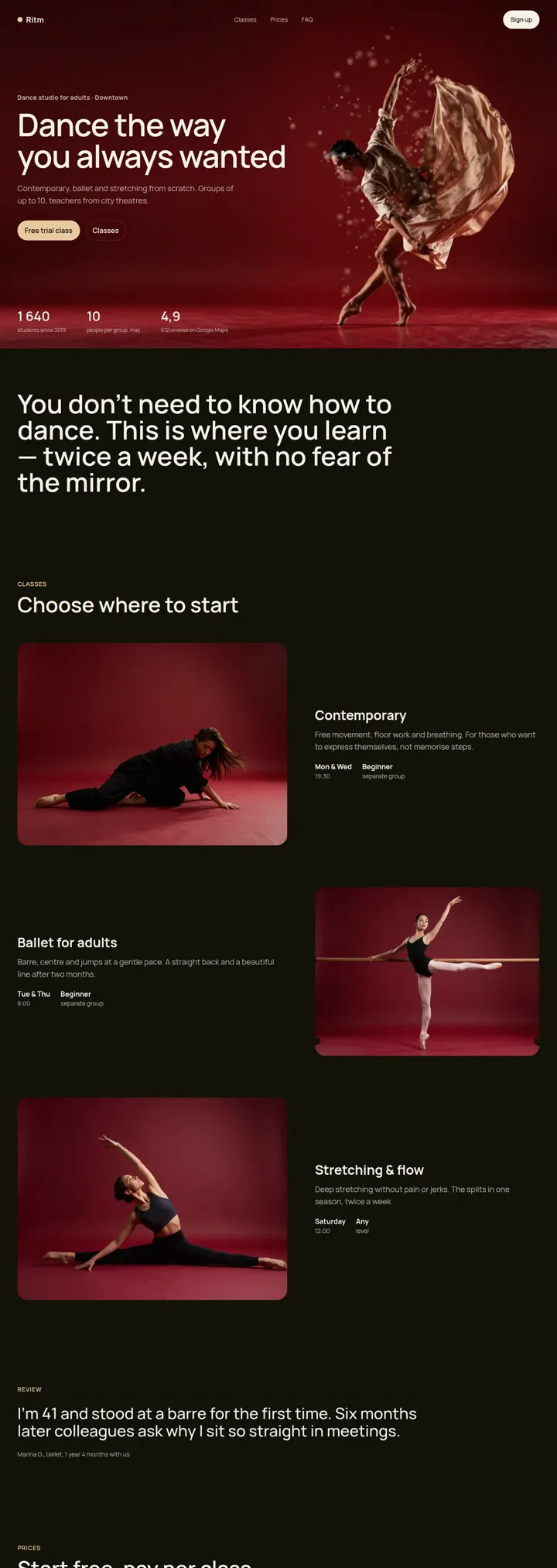 Dance studio landing page