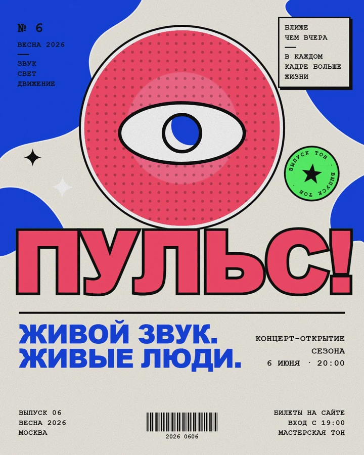 Concert poster “Pulse!”: a pink circle with an eye, a big headline and blue shapes